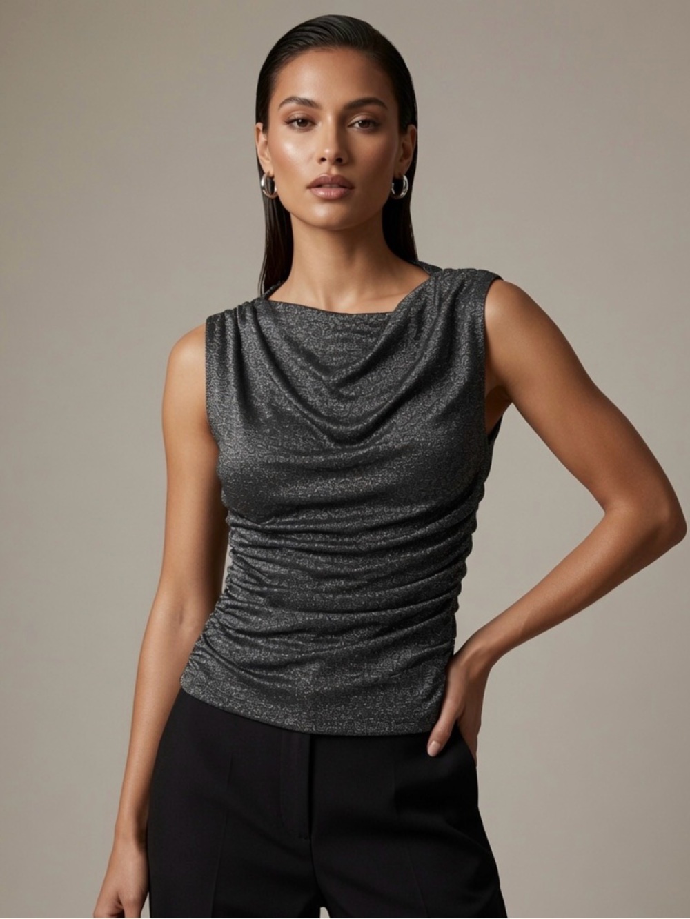 Express Metallic Sleeveless Top Metallic Shimmer with ruched sides and cowl neck